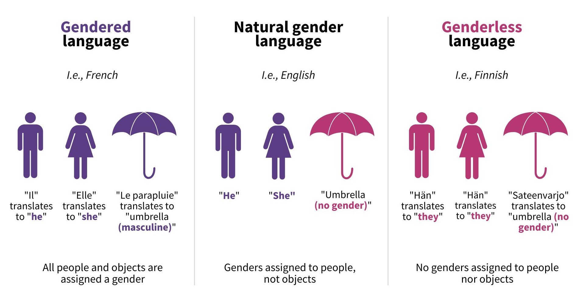 Left: Gendered language example (French): People are referred to as he or she, as well as objects and other nouns. Middle: Natural gender language example (English): People are referred to as he or she, but other nouns do not have a gender. Right: Genderless language example (Finnish): The same pronoun, they, is used to refer to anyone with any gender, and nouns do not have an assigned gender either